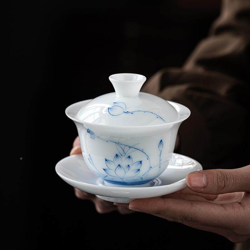 德化白瓷手绘墨荷30592釉下彩具盖茶杯冰种玉瓷高温功茶夫轻奢碗