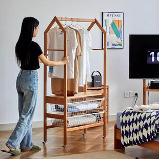 拉篮实木衣帽架樱桃木落地春夏卧室奶油风床边衣服收纳家用挂衣架