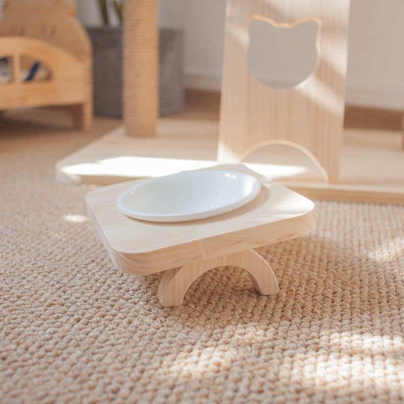 简约小型泰迪狗狗喝水碗猫咪猫粮碗吃饭护颈实木陶瓷碗架食盆套装