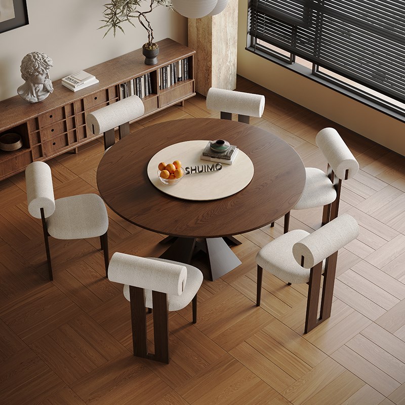法式奶油复古风实木德利丰岩板家用黑色窈窕饭桌胡桃色圆餐桌椅子
