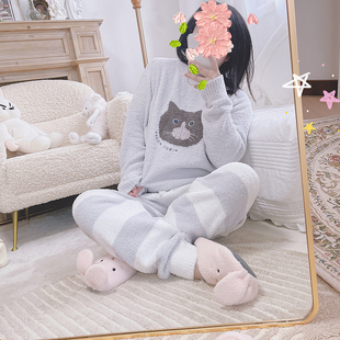 秋冬加厚可爱小兔叽软绵绵睡衣居家服猫咪珊瑚绒卡通保暖套装套头