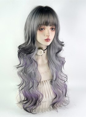 暹罗猫假发紫色渐变亚文化亚比全头套女y2k挑染lolita银色卷发彩