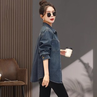 蓝色牛仔衬衫女款2024春装新款宽松中长款叠穿休闲polo领衬衣外套