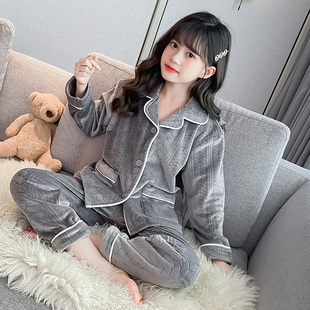 女童睡衣秋冬保暖珊瑚绒公主风居家两件套中大童女孩法兰绒家居服
