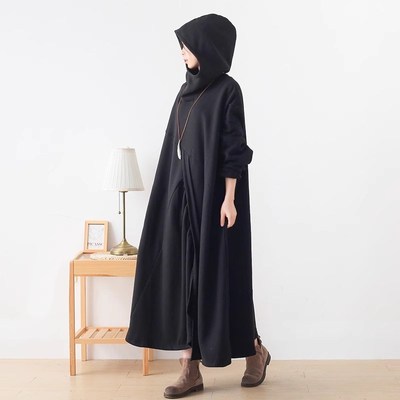 23秋冬季宽松大码连帽针织棉连衣裙蝙蝠袖长打底裙大袍子黑灰过膝