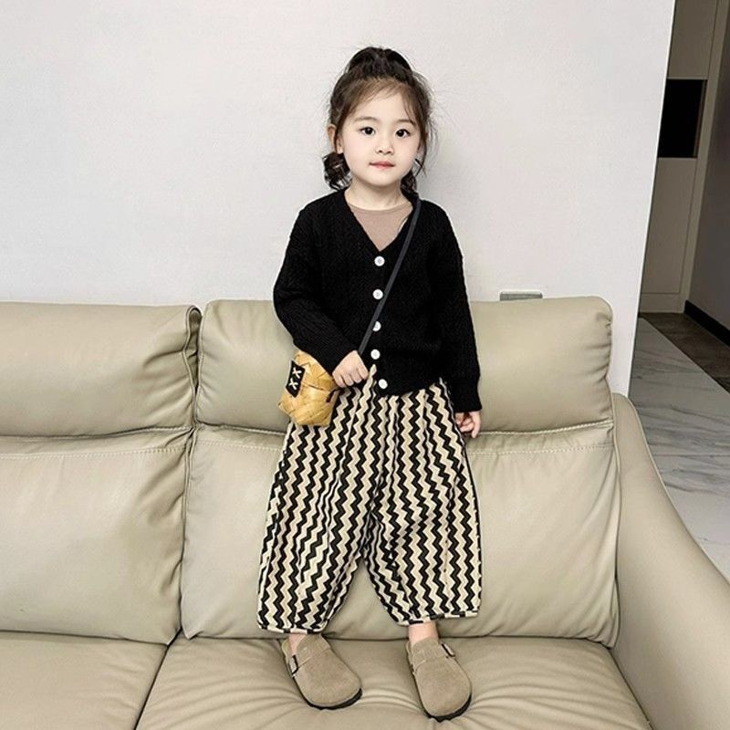 韩国童装2024春秋新款黑色V领针织开衫中小童外套儿童波浪纹长裤,童装/婴儿装/亲子装,套装,淘宝优惠券,粉丝福利购,淘宝优惠卷