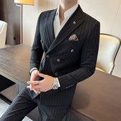 戗驳领双排扣西服男套装 外套英伦风商务宴会礼服 秋冬加厚条纹西装