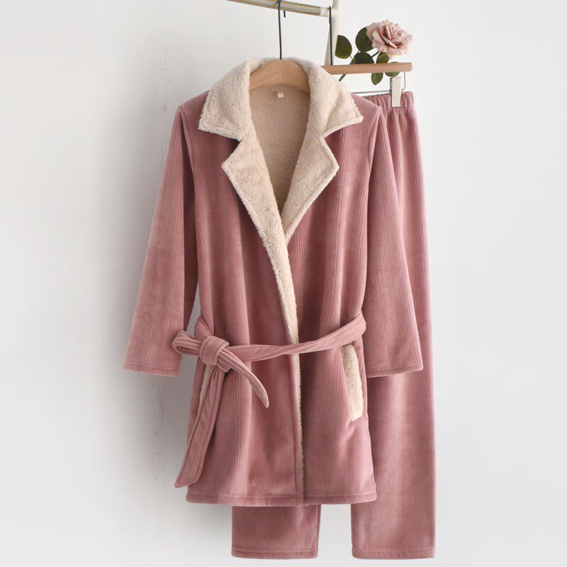 西装领和服浴袍式睡衣女秋冬季复合绒加厚保暖长款长袖家居服套装