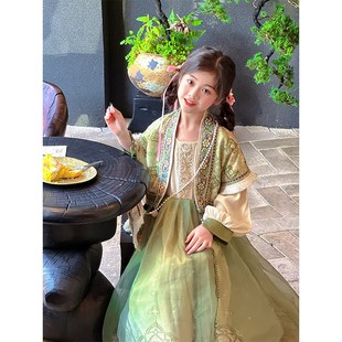 女童汉服2024春季新款儿童中国风马甲连衣裙包包女宝宝古风三件套