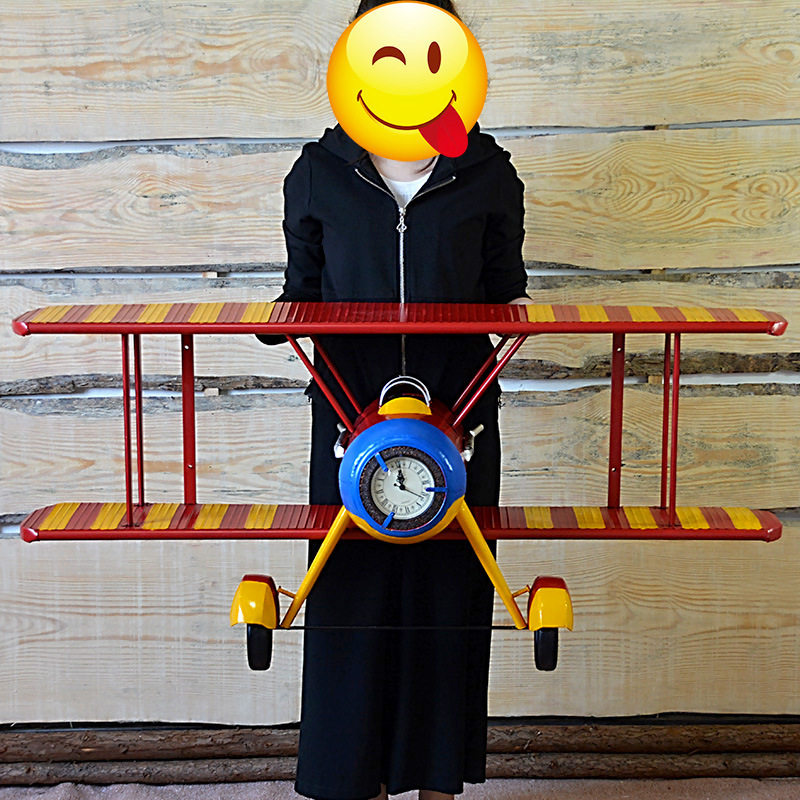 LOFT工业风美式飞机挂钟置物架创意复古酒吧墙面装饰挂件个性钟表