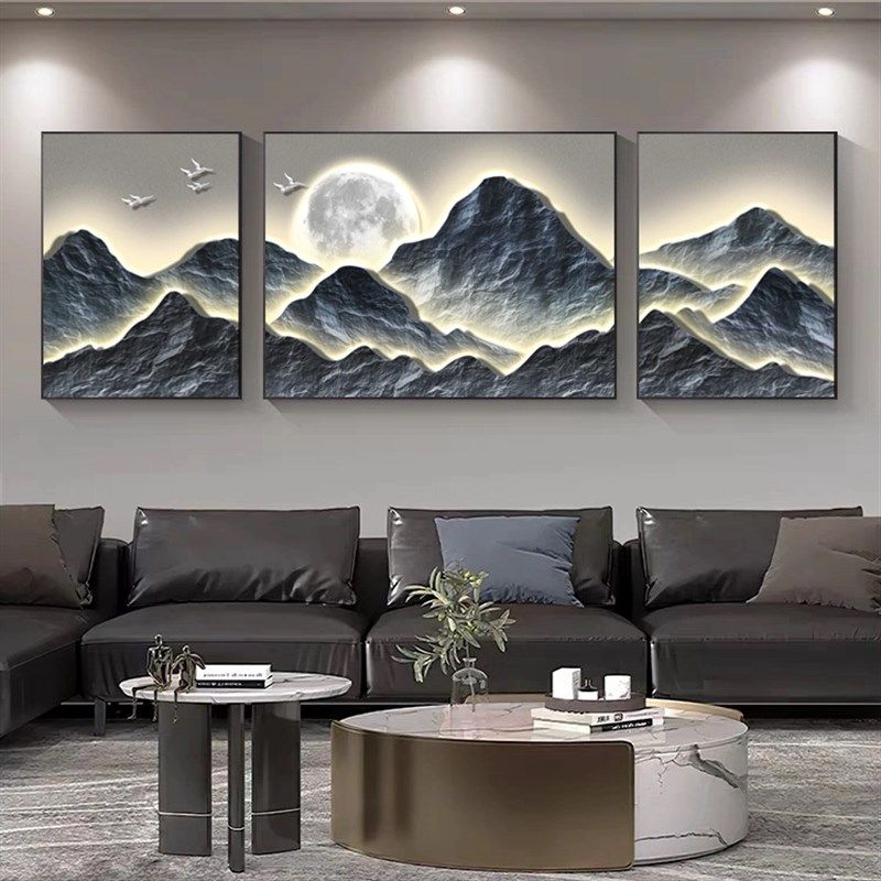 轻奢大气三联画高级感客厅装饰画中式壁画背有靠山沙发背景墙挂画