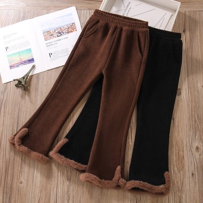 女童冬季加绒加厚裤子一条过冬特超厚保暖中大童一体羊羔绒喇叭裤