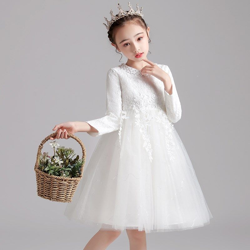 春秋冬女童白色公主裙婚纱裙子儿童长袖蓬蓬连衣裙中大童演出礼服