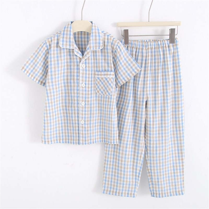 春夏全棉纱布短袖长裤套装中大童纯棉家居服儿童夏季薄款男童睡衣