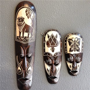 兰纳非洲木雕工艺品小黑白面具咖啡屋店面墙壁创意立体装饰挂件