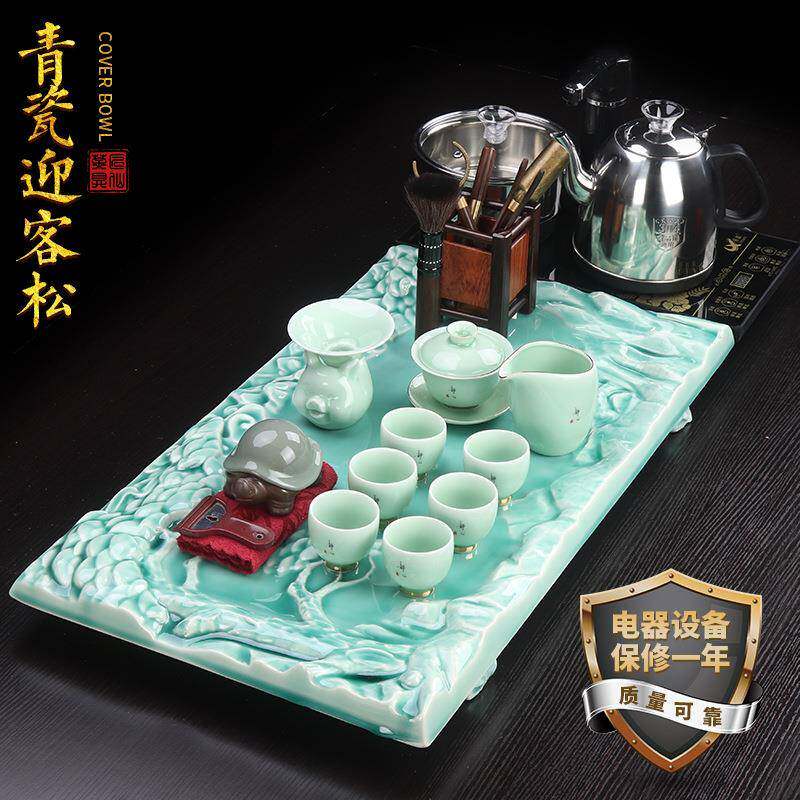 青瓷茶具套装手工迎客松茶盘泡茶盖碗杯子自动上水陶瓷功夫整套
