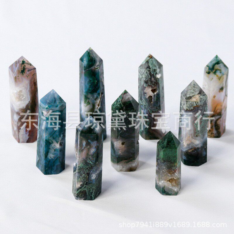 天然水草玛瑙单尖柱带洞原石打磨水晶六棱柱家居装饰能量摆件批发