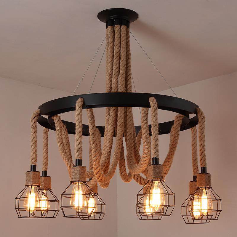 美式复古怀旧loft工业风网咖餐厅客厅火锅店创意个性铁艺麻绳吊灯