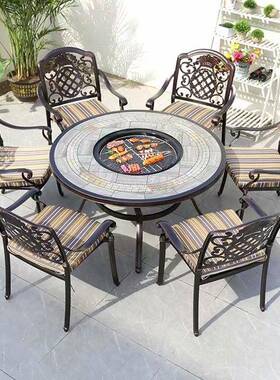 庭院花园小区休闲铸铝桌陶瓷合1588C面桌椅配六椅太组式户外桌椅