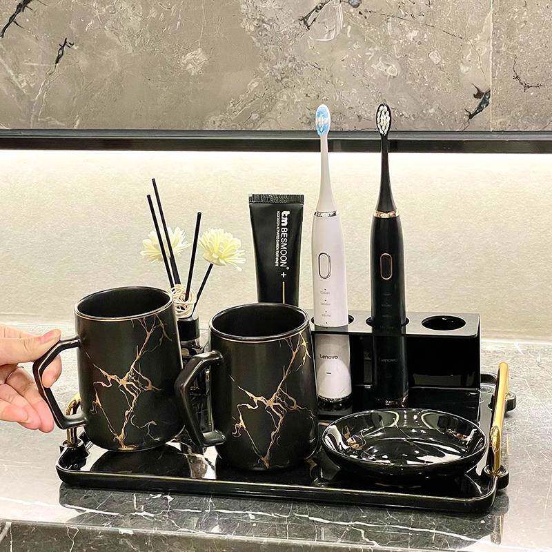 BEC陶杯瓷情侣刷牙轻端奢牙杯高口档漱杯家用套装高牙刷置物架套
