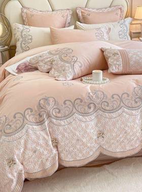 法式14丝支VGI单长绒0棉四件套全棉纯棉蕾被套床床上用品家纺奶油