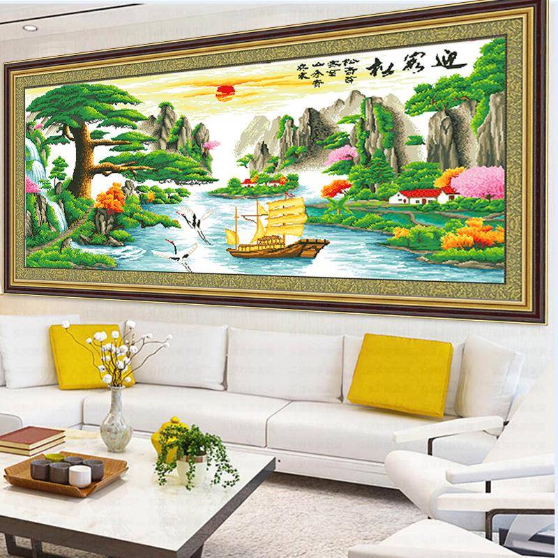 钻石风画2019新款客厅山水景大幅迎绣客松水生tb_57154财贴钻流十