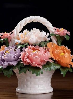 瓷牡品丹花篮装饰件办公室822115Z6客摆厅陶桌面