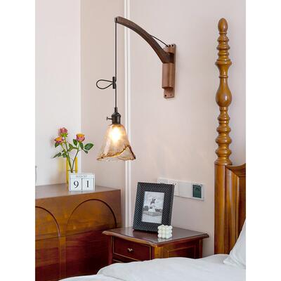 壁灯新中卧床创意可伸缩折头叠式摇臂灯具原木75718客厅沙室发旁
