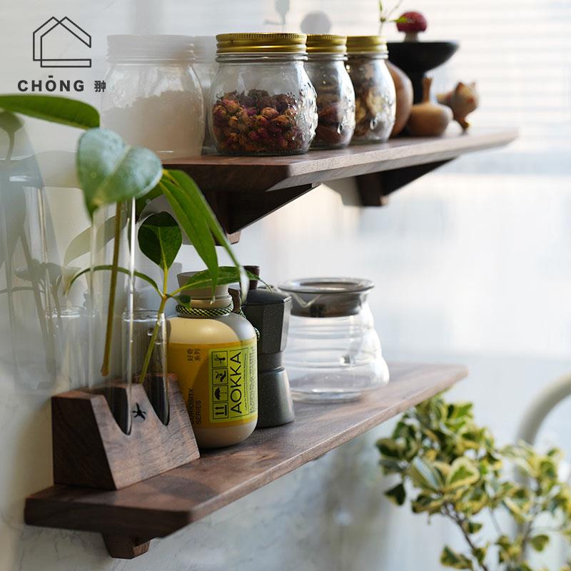 9C打一孔黑胡桃字搁板免墙面陈列F775S9H7置物架墙厨房胡桃木装上