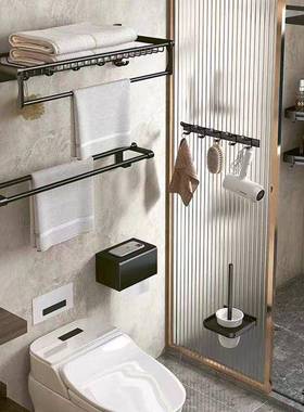 黑色太铝免打孔加厚浴巾架JRN洗手空间毛巾架浴置物架壁式挂浴巾