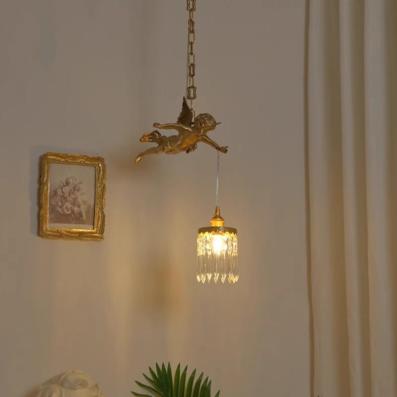 法式全铜天使灯室复玄关阳台卧餐厅轻奢Vint古age632床头水晶吊小