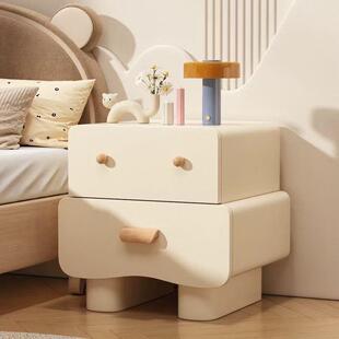 实木艺术床头柜皮质新款奶油床边柜简约现代卧室家用极简小型