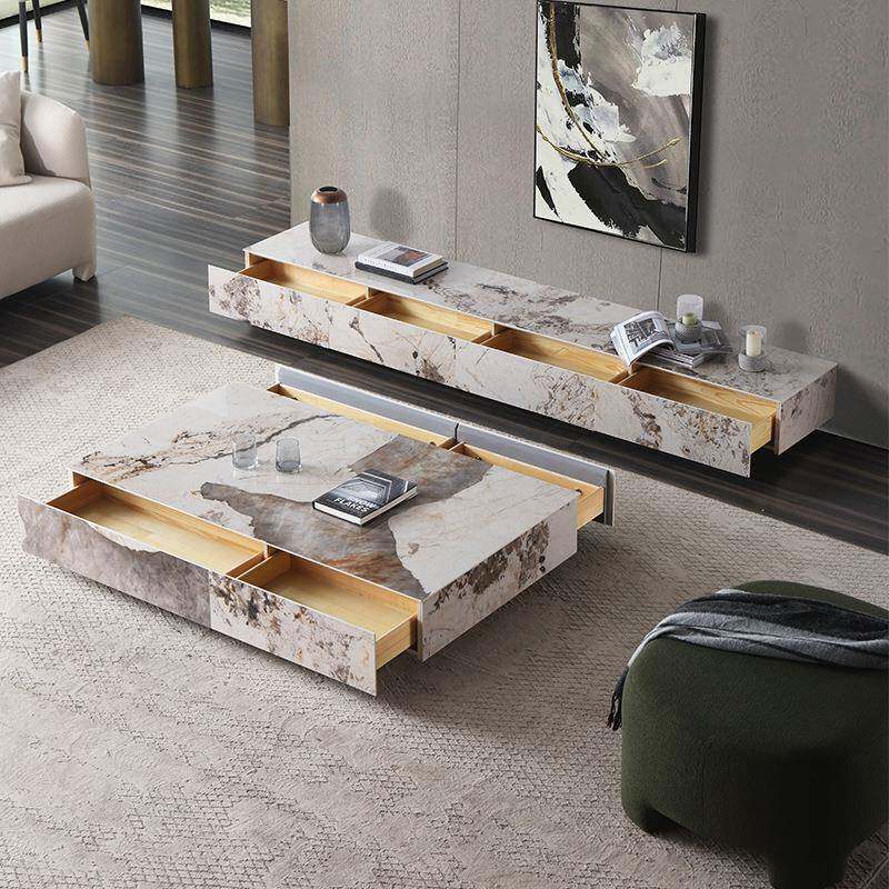电视柜茶几岩板实木电视柜茶几组合意式极简约现代家用大理石白色