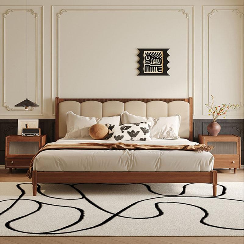 法式复古胡桃色实木双人床现代简约白蜡木主卧室皮艺软包大床