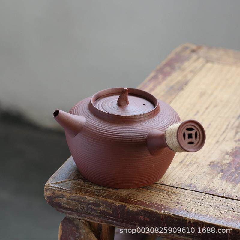 潮汕砂铫烧水壶侧把煮茶壶炭炉红泥手工壶复古工夫茶壶薄锅仔