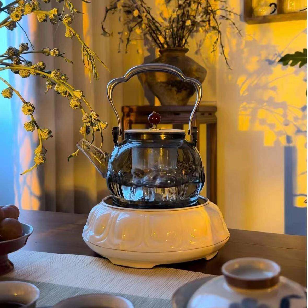 三缘堂电陶炉耐热玻璃煮茶壶莲花陶瓷煮茶炉家用泡茶烧水炉煮茶器