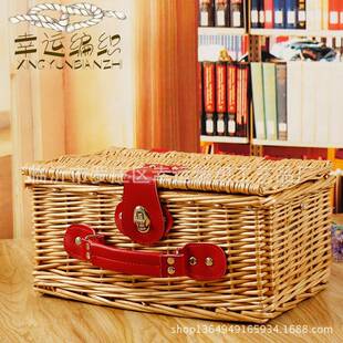 2017款式草柳藤野餐篮手工编织收纳篮带餐具收纳筐子
