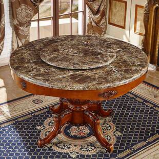 欧式餐桌椅组合大石616#圆桌转盘人餐理桌6家用实木雕花华圆形豪