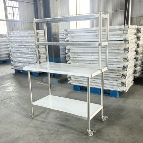 出口标准 201/304 不锈钢厨房工作台（带脚轮 + 多层立架）