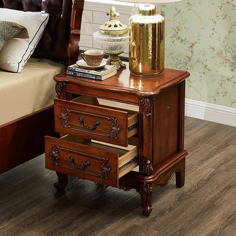 柜美式全木实卧室床头柜欧雕式主卧储物WQY子简约复古花别墅床边