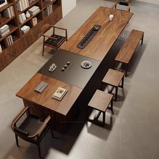 茶南美胡桃木全实木茶办老板ZTJ桌办公室设计师室茶台公桌带茶盘
