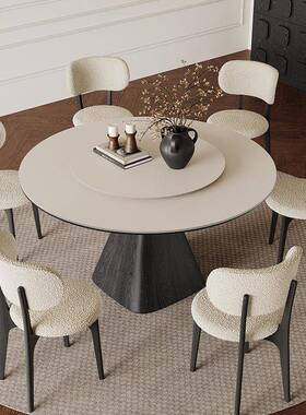 德利丰岩板法式约复吃古实木圆桌黑色饭桌圆家用OXR现代简纯白形