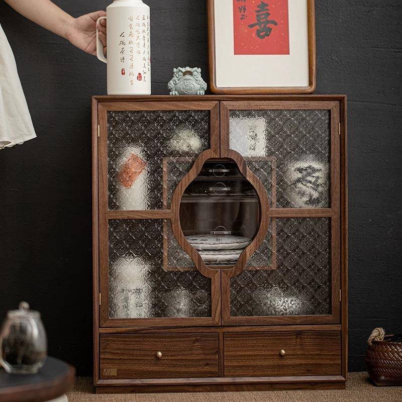 胡示桃木收柜纳柜实木玻璃茶展柜茶具层848白茶普洱饼多杂物收纳