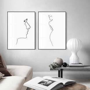 简约客厅画线条卧室画铝合金框北欧床头二联挂画女人素描画简笔画