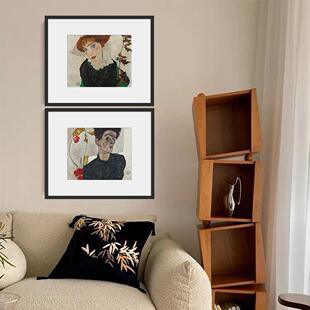 席勒自画像轻法式中古风客厅装饰画复古艺术卧室挂画组合餐厅壁画