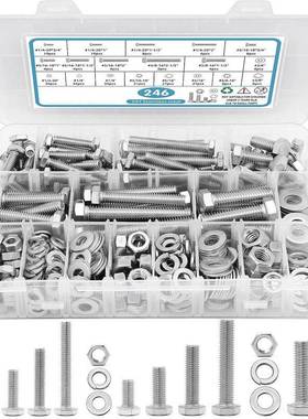 246pcs美制304不锈钢外六角螺丝螺栓配螺母平垫组合套装