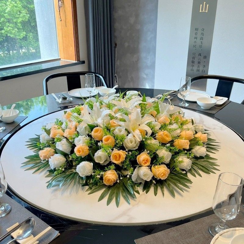 高档大型酒店餐桌花圆桌摆花仿真花餐厅转盘中间摆放台花假花装饰