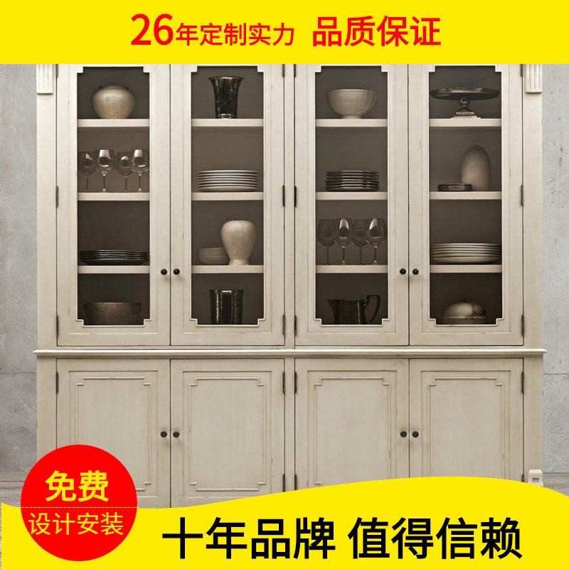 欧式复古仿古橡木四门书柜 美式乡村法式实木书柜带玻璃门陈列柜