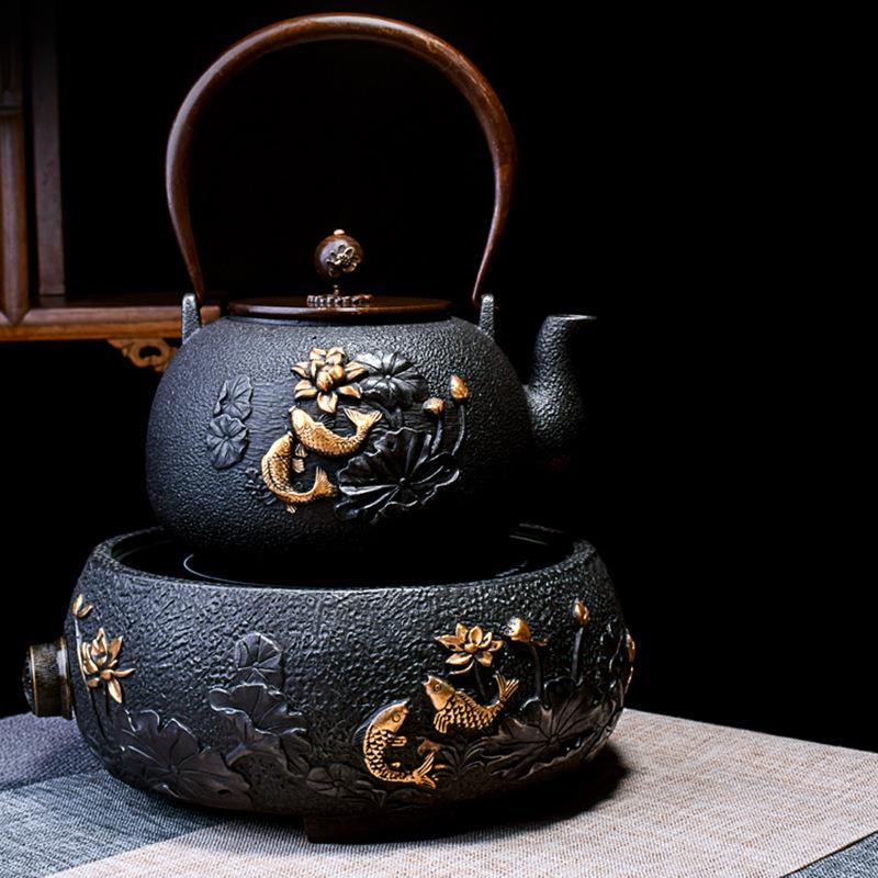 日式铸铁壶手工无涂层鎏金烧水壶煮茶器煮茶炉茶壶电陶炉套装