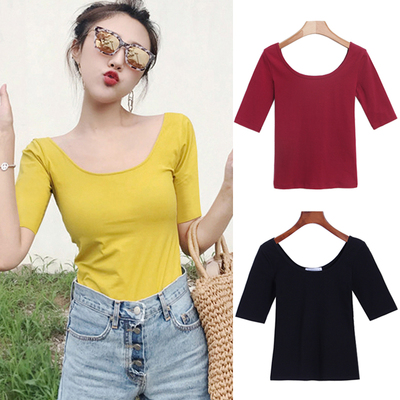 纯棉大领口黑色中袖t恤女修身低胸u领紧身五分袖打底衫七分袖上衣